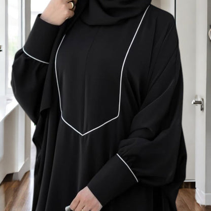 Free Size Kaftan with White Piping, Zipper Opening & Cuffed Sleeves in Premium Praada Fabric, Includes Hijab