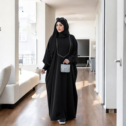 Free Size Kaftan with White Piping, Zipper Opening & Cuffed Sleeves in Premium Praada Fabric, Includes Hijab