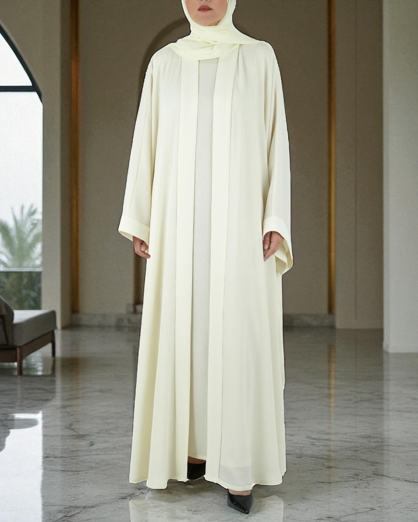 White Front Open Abaya with Inner & Hijab | Zoom & Nida Satin