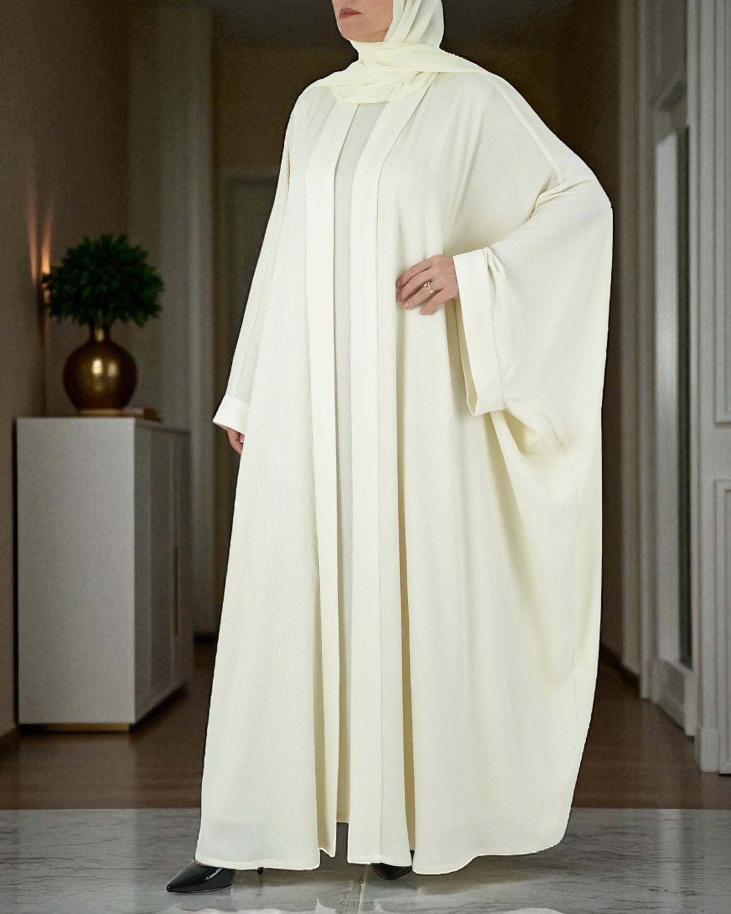 White Front Open Abaya with Inner & Hijab | Zoom & Nida Satin