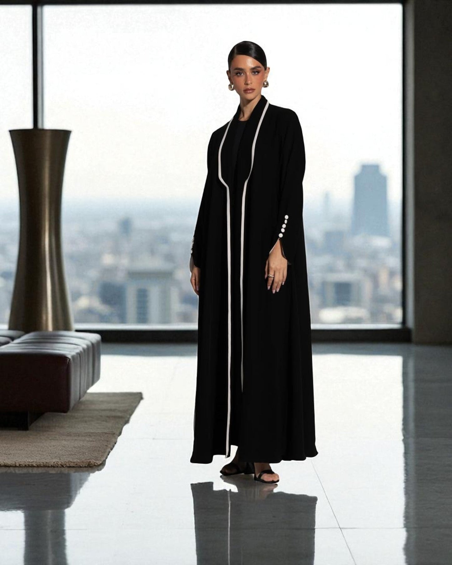 Designer Abaya in Prada Fabric with White Piping and Button Detail