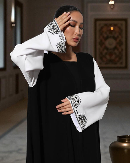 Black & White Luxury Abaya with Hand Embellished Sleeves