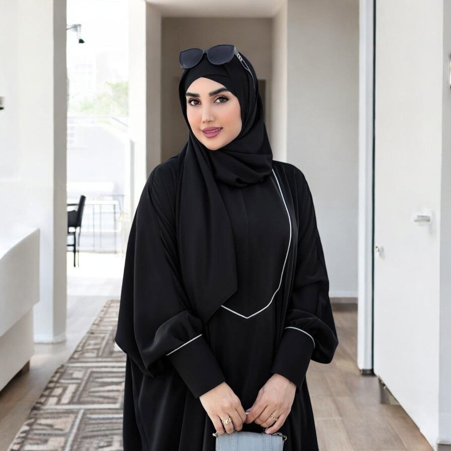 Free Size Kaftan with White Piping, Zipper Opening & Cuffed Sleeves in Premium Praada Fabric, Includes Hijab