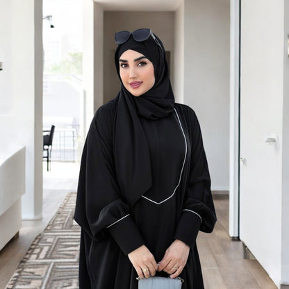 Free Size Kaftan with White Piping, Zipper Opening & Cuffed Sleeves in Premium Praada Fabric, Includes Hijab