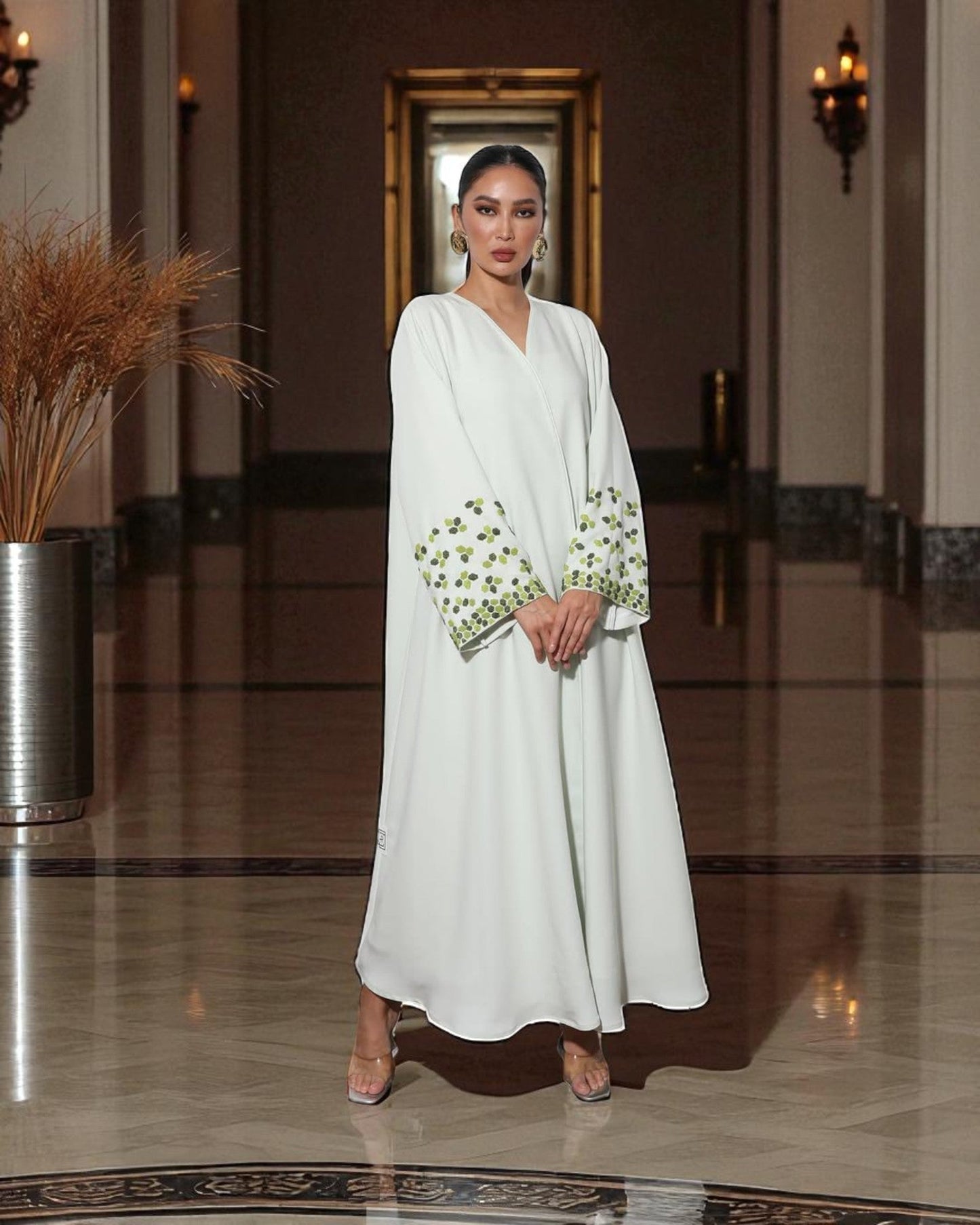 Graceful White 3-Piece Set with Handworked Sleeves in Premium Abayas