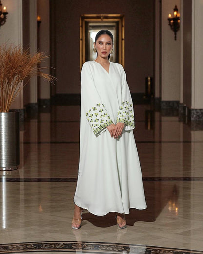 Graceful White 3-Piece Set with Handworked Sleeves in Premium Abayas
