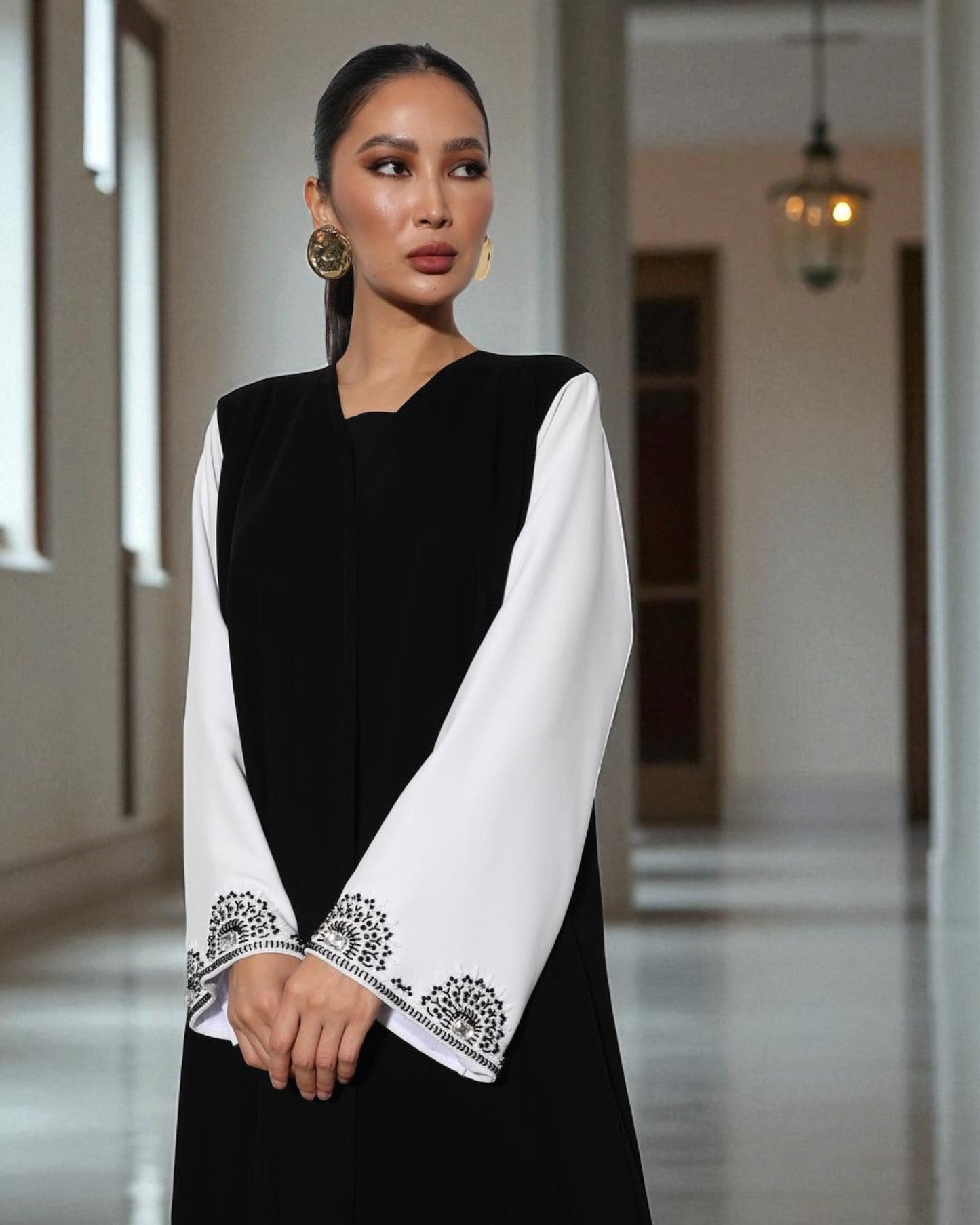 Black & White Luxury Abaya with Hand Embellished Sleeves