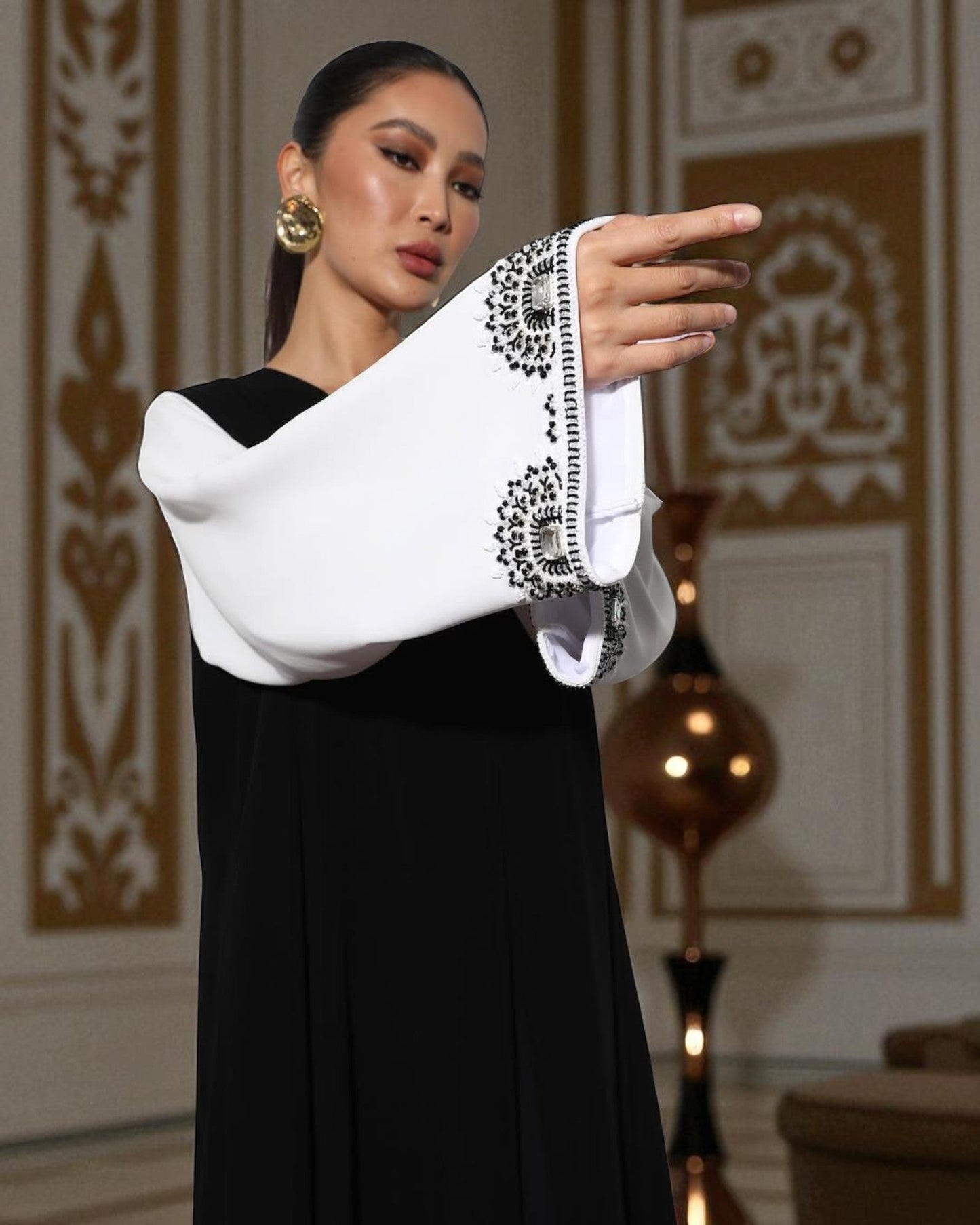Black & White Luxury Abaya with Hand Embellished Sleeves
