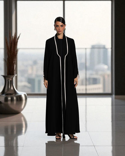 Designer Abaya in Prada Fabric with White Piping and Button Detail