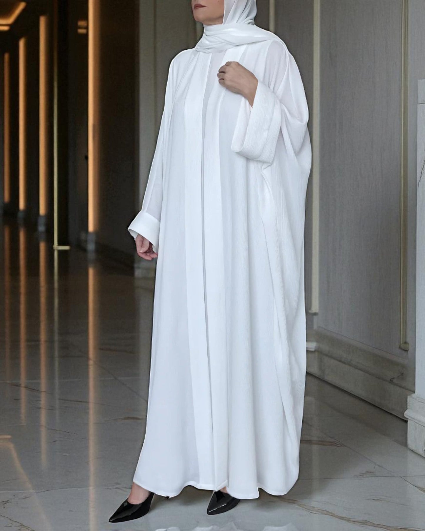 Front Open White Kaftan Abaya for Umrah in Nida Satin with Inner & Hijab
