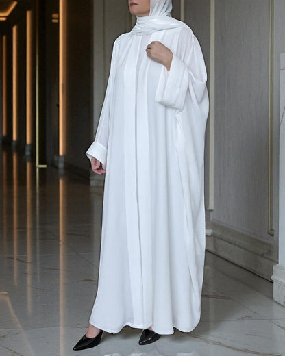 Front Open White Kaftan Abaya for Umrah in Nida Satin with Inner & Hijab