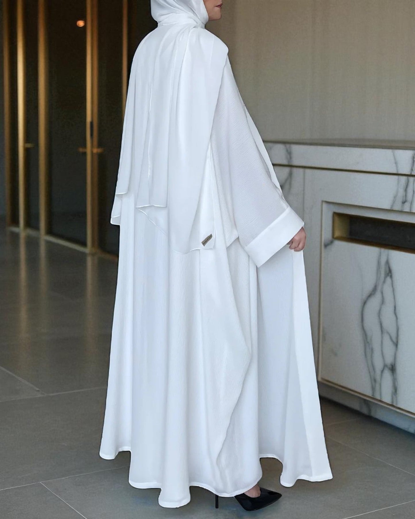 Front Open White Kaftan Abaya for Umrah in Nida Satin with Inner & Hijab