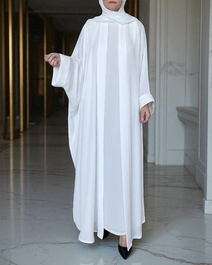 Front Open White Kaftan Abaya for Umrah in Nida Satin with Inner & Hijab