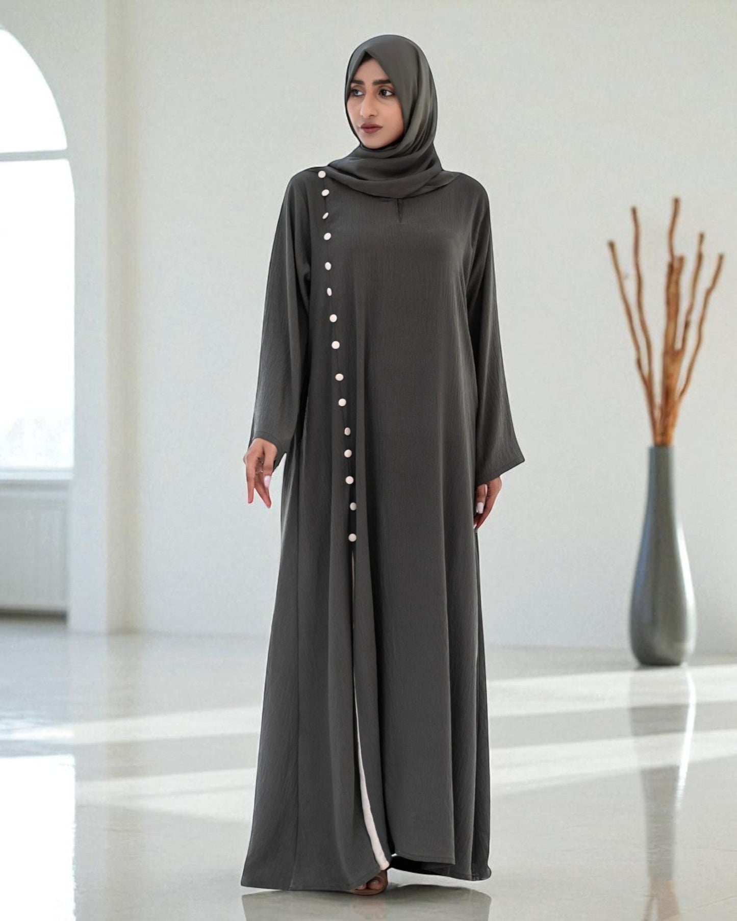 Designer Cey Crush Abaya for Girls with Contrast Buttons and Hijab