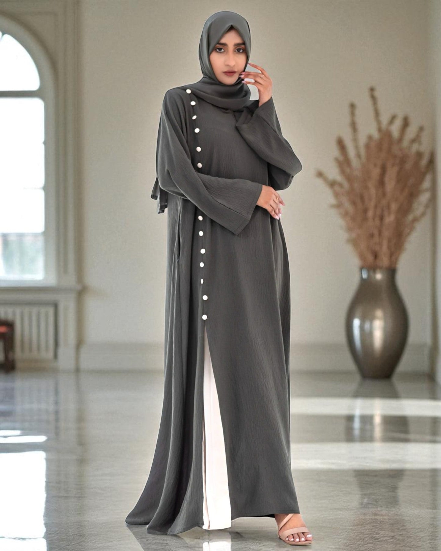 Designer Cey Crush Abaya for Girls with Contrast Buttons and Hijab