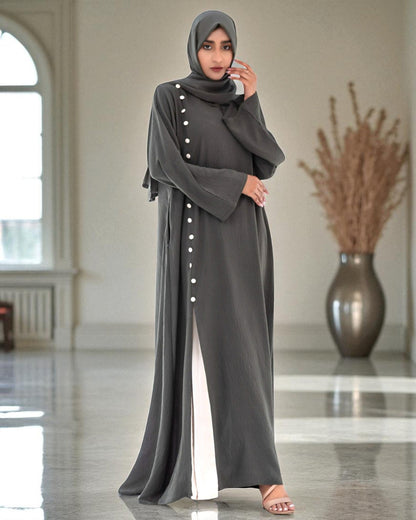 Designer Cey Crush Abaya for Girls with Contrast Buttons and Hijab