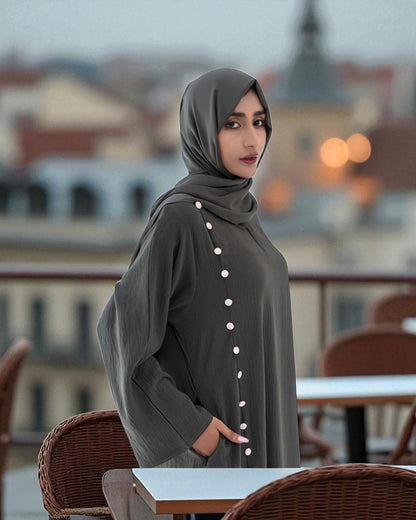 Designer Cey Crush Abaya for Girls with Contrast Buttons and Hijab