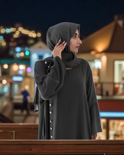 Designer Cey Crush Abaya for Girls with Contrast Buttons and Hijab