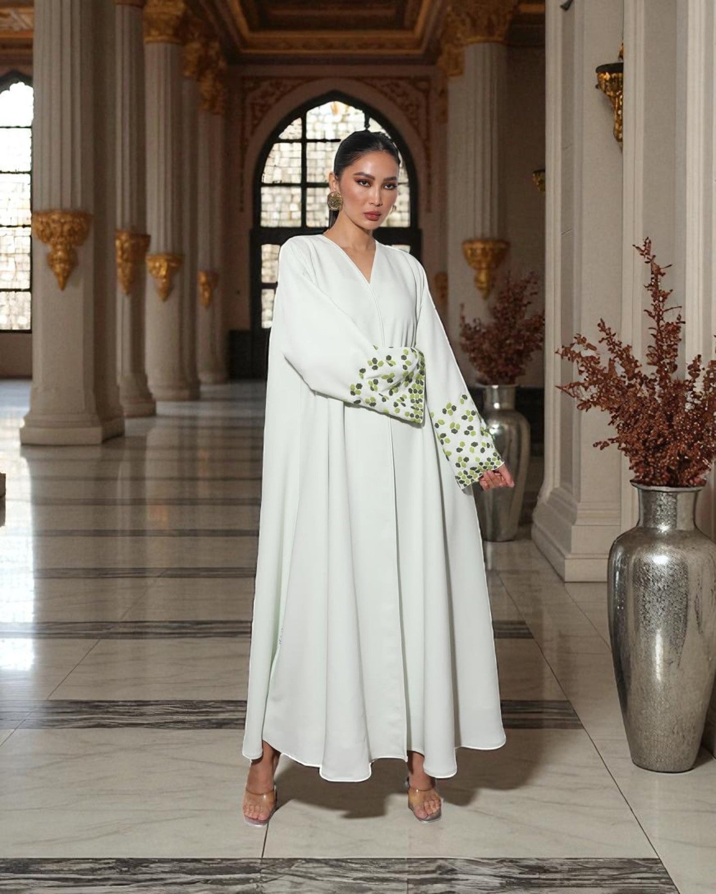 Graceful White 3-Piece Set with Handworked Sleeves in Premium Abayas