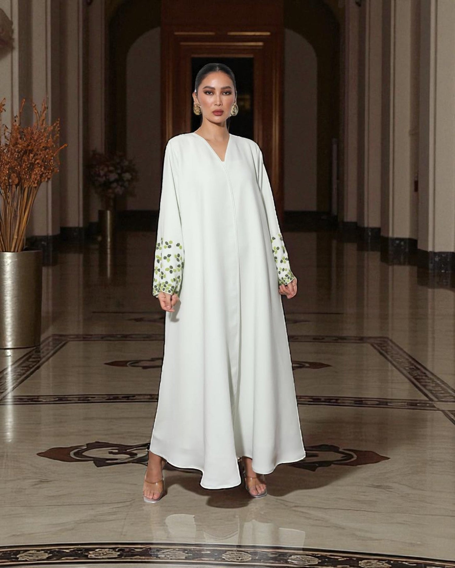 Graceful White 3-Piece Set with Handworked Sleeves in Premium Abayas