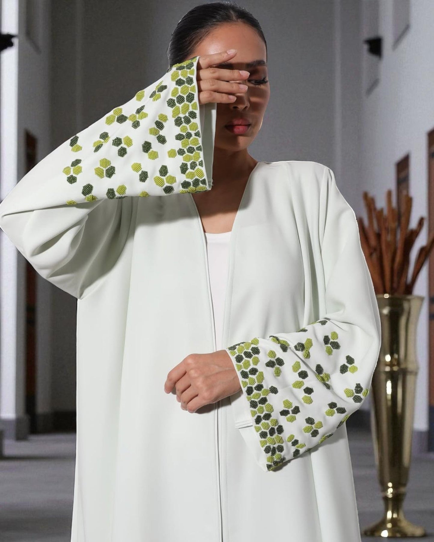 Graceful White 3-Piece Set with Handworked Sleeves in Premium Abayas