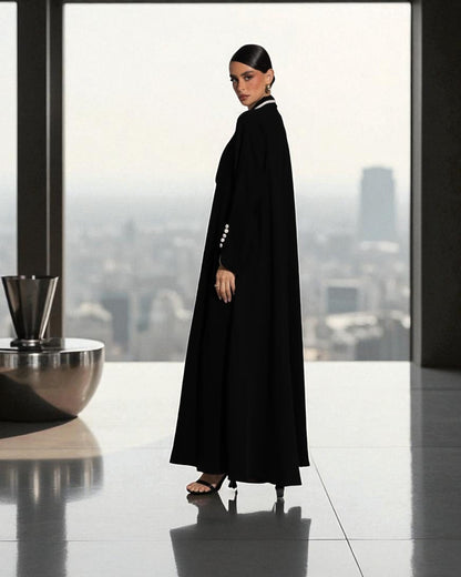 Designer Abaya in Prada Fabric with White Piping and Button Detail