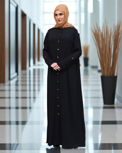 Modern Abaya in Black with Gold Button Detailing | Praada Fabric