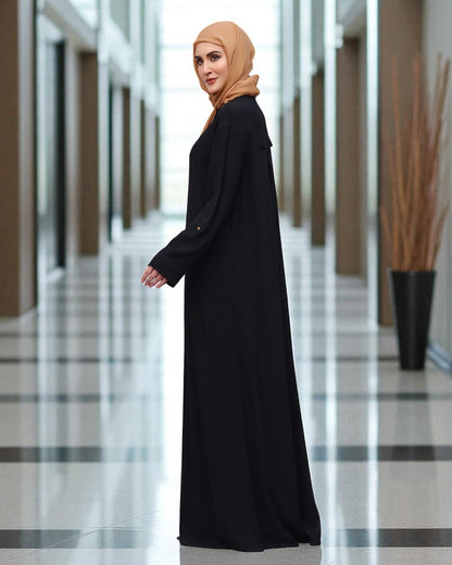 Modern Abaya in Black with Gold Button Detailing | Praada Fabric