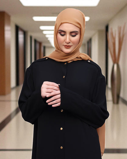 Modern Abaya in Black with Gold Button Detailing | Praada Fabric
