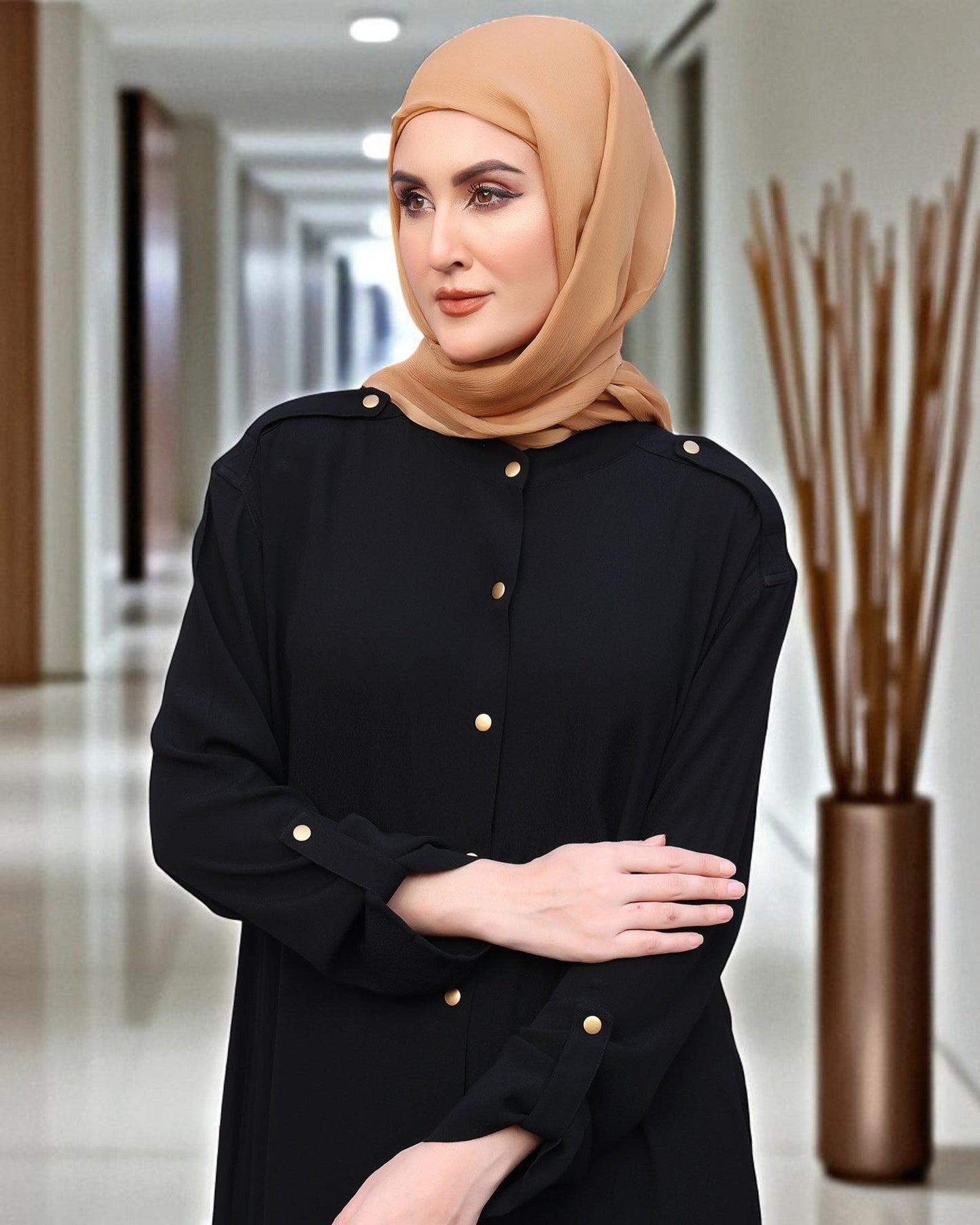 Modern Abaya in Black with Gold Button Detailing | Praada Fabric
