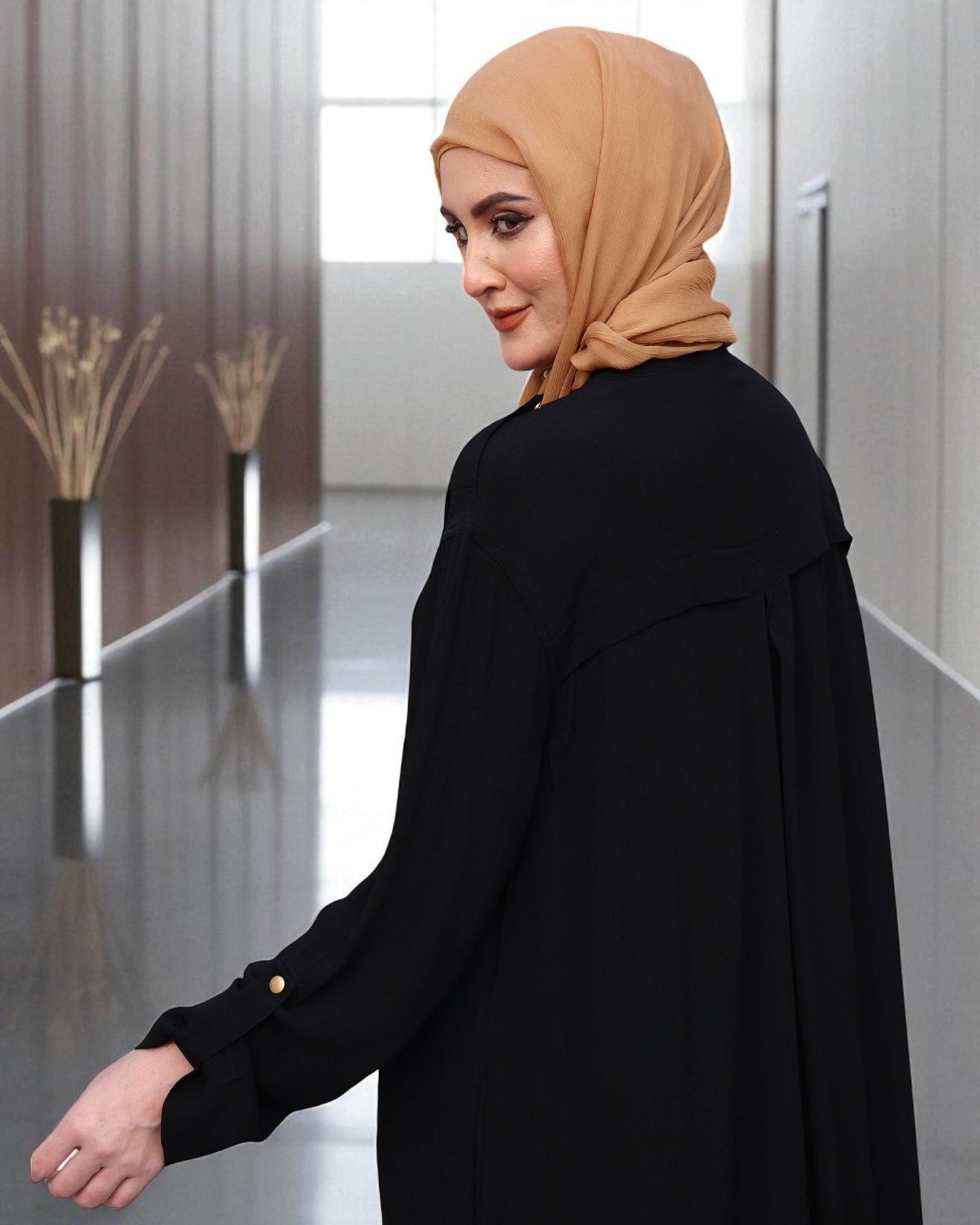 Modern Abaya in Black with Gold Button Detailing | Praada Fabric