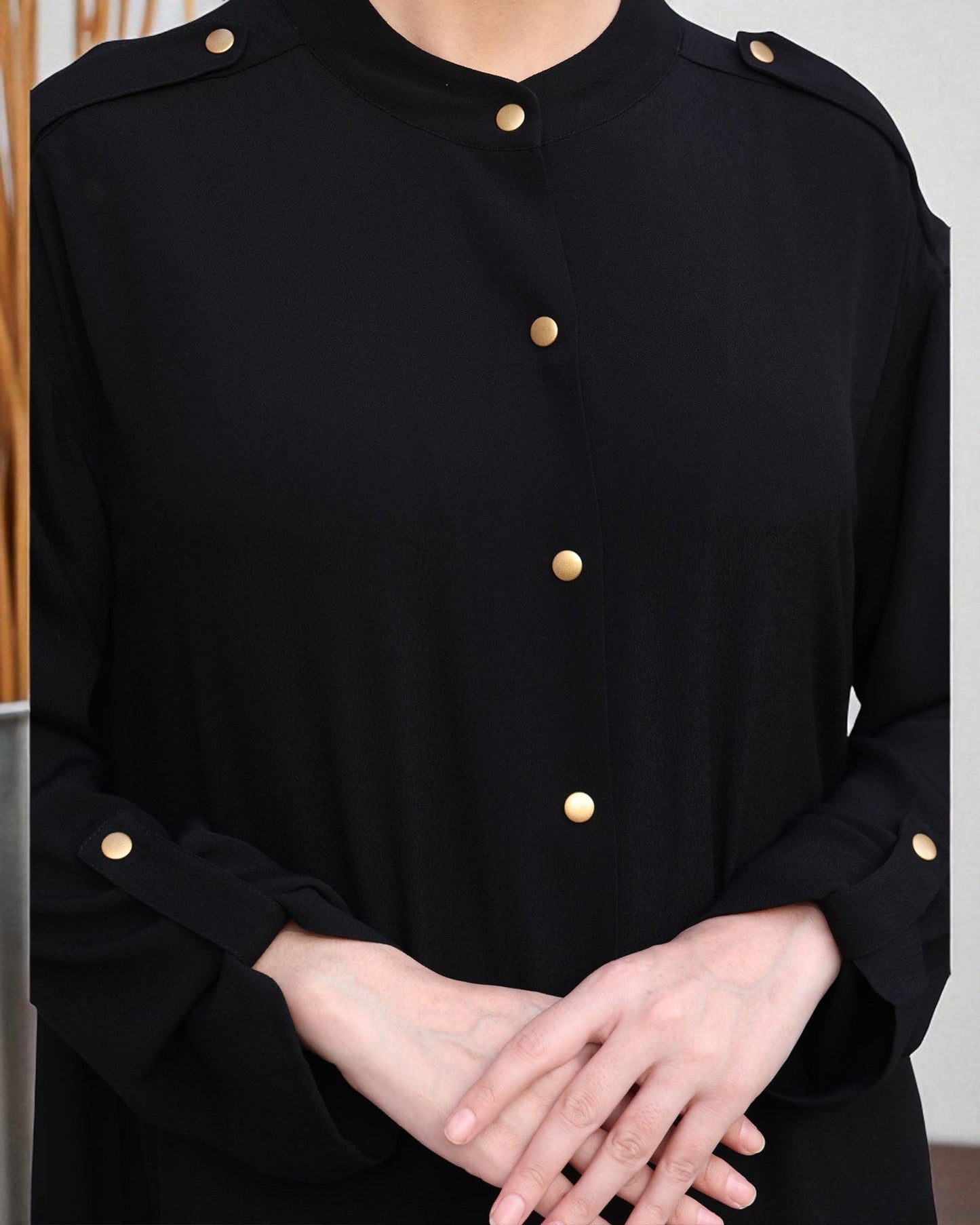 Modern Abaya in Black with Gold Button Detailing | Praada Fabric