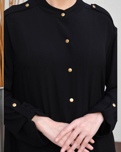 Modern Abaya in Black with Gold Button Detailing | Praada Fabric
