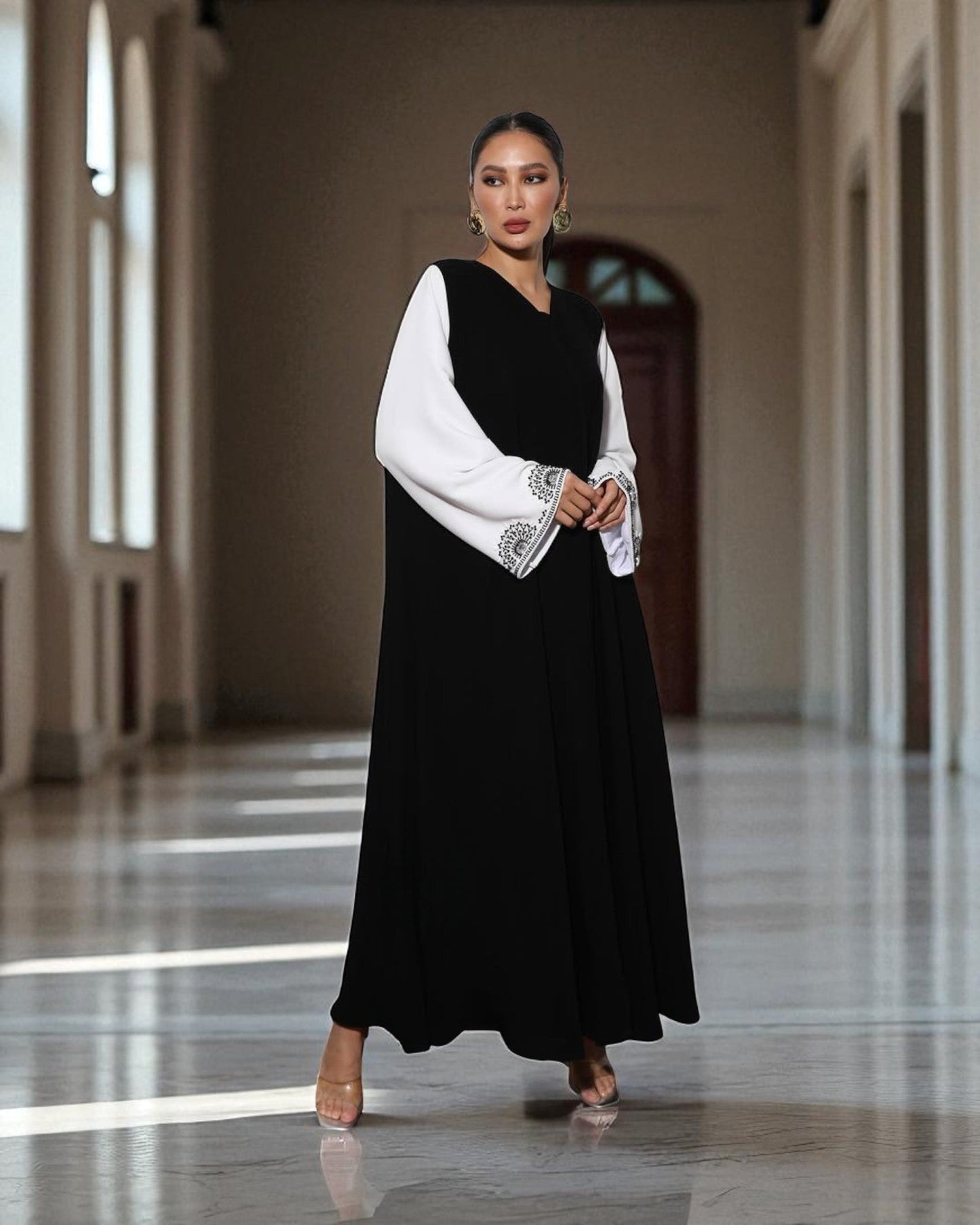 Black & White Luxury Abaya with Hand Embellished Sleeves
