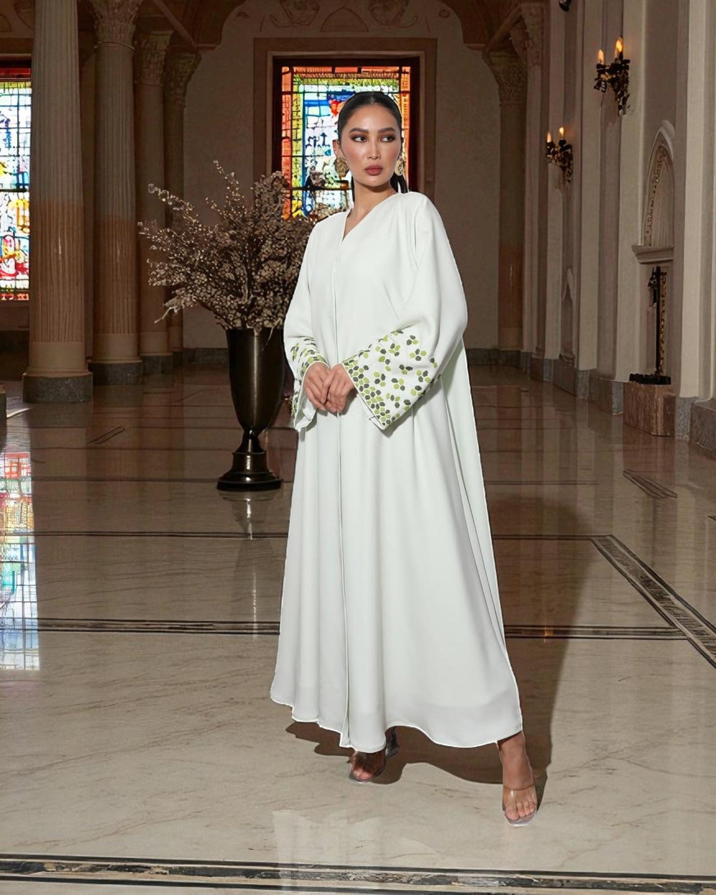 Graceful White 3-Piece Set with Handworked Sleeves in Premium Abayas