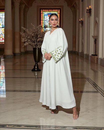 Graceful White 3-Piece Set with Handworked Sleeves in Premium Abayas
