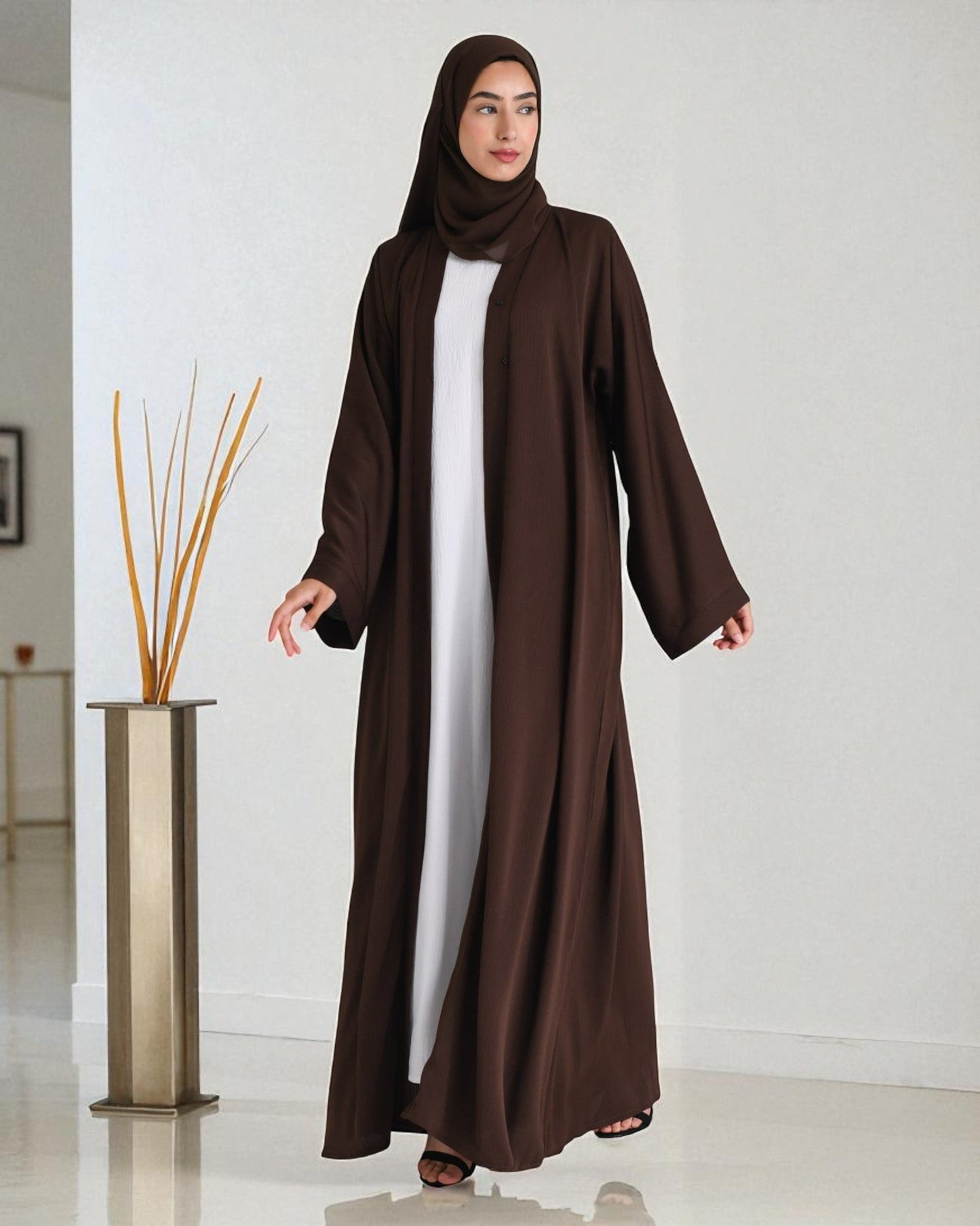 Abaya with Shrug Ð Chocolate Brown Firdaus Fabric with Nida Satin Inner & Hijab