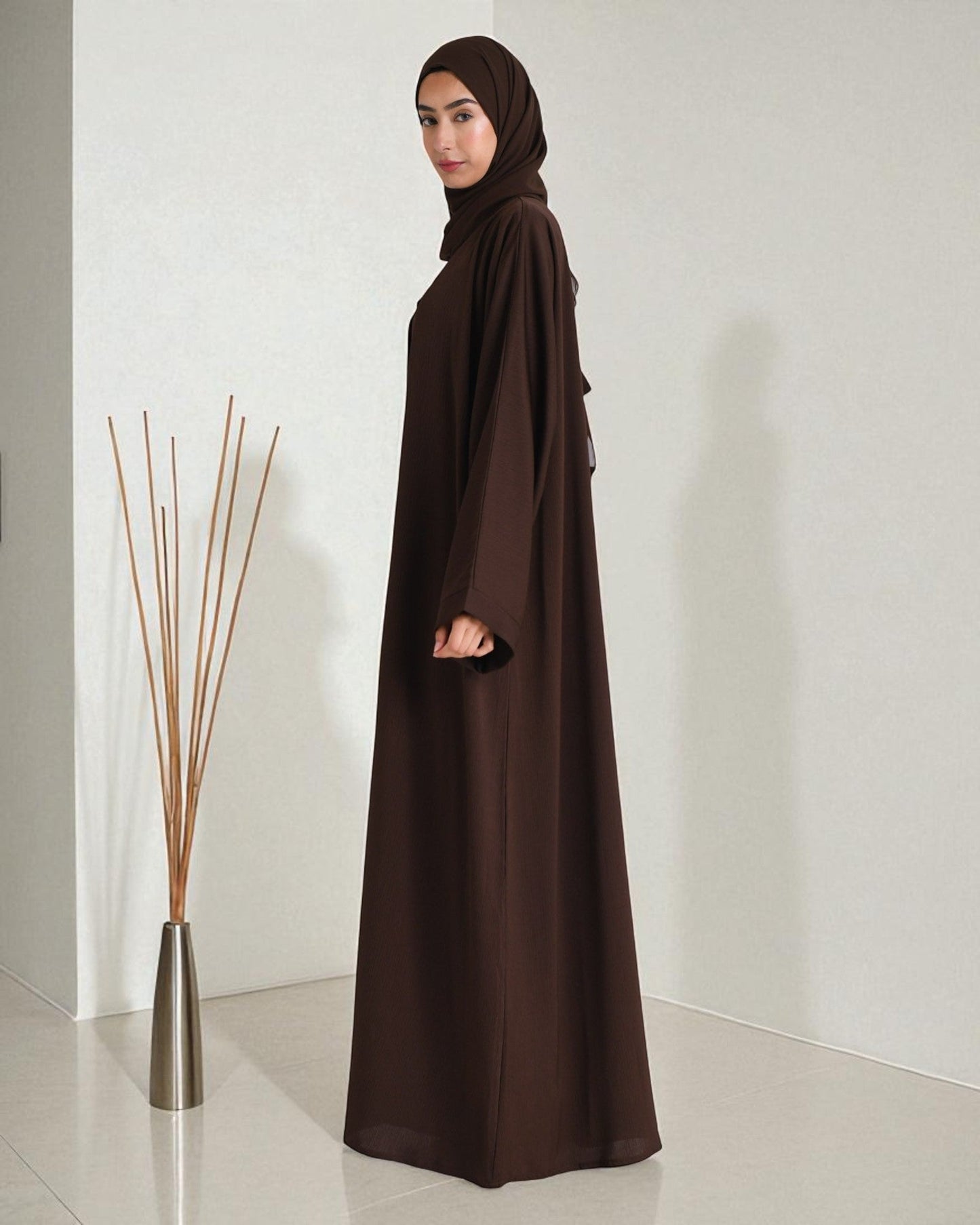 Abaya with Shrug Ð Chocolate Brown Firdaus Fabric with Nida Satin Inner & Hijab