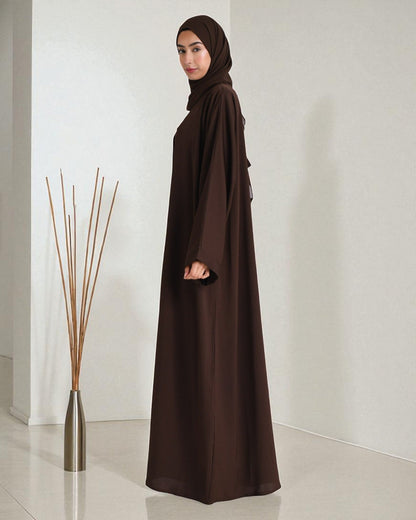 Abaya with Shrug Ð Chocolate Brown Firdaus Fabric with Nida Satin Inner & Hijab