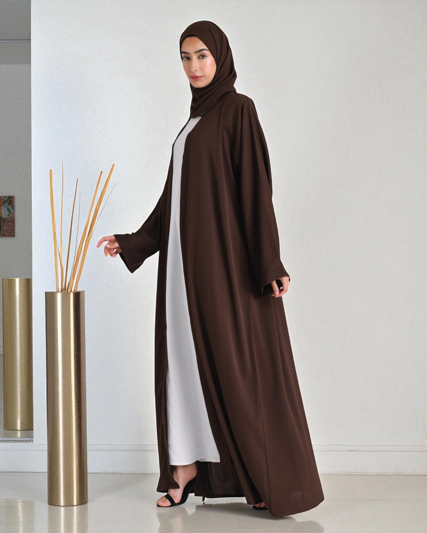 Abaya with Shrug Ð Chocolate Brown Firdaus Fabric with Nida Satin Inner & Hijab