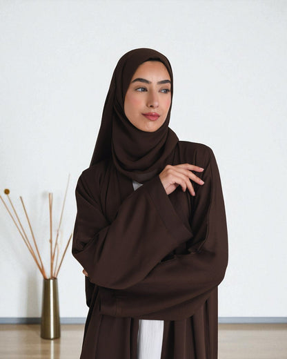 Abaya with Shrug Ð Chocolate Brown Firdaus Fabric with Nida Satin Inner & Hijab