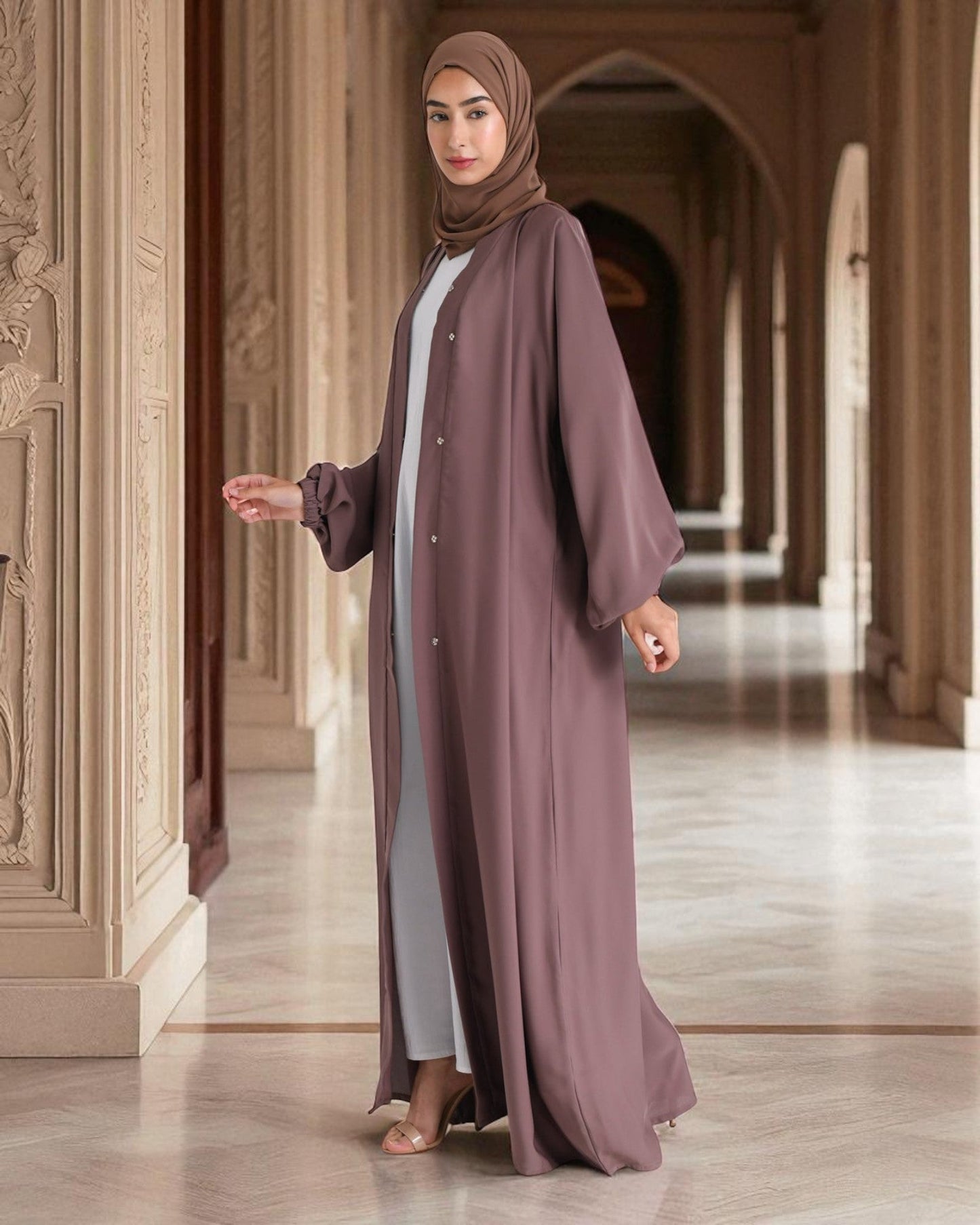 3-Piece Front Open Abaya Set with Balloon Sleeves and Matching Hijab Ñ inspired by the LATEST ABAYA MODEL