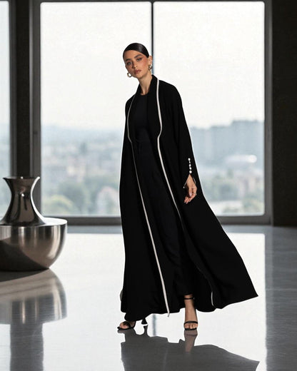 Designer Abaya in Prada Fabric with White Piping and Button Detail