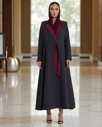 Graceful Contrast Satin Lapel in Latest Abaya Design