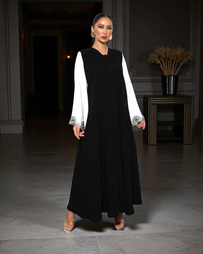 Black & White Luxury Abaya with Hand Embellished Sleeves