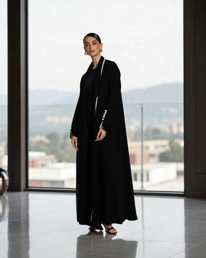 Designer Abaya in Prada Fabric with White Piping and Button Detail