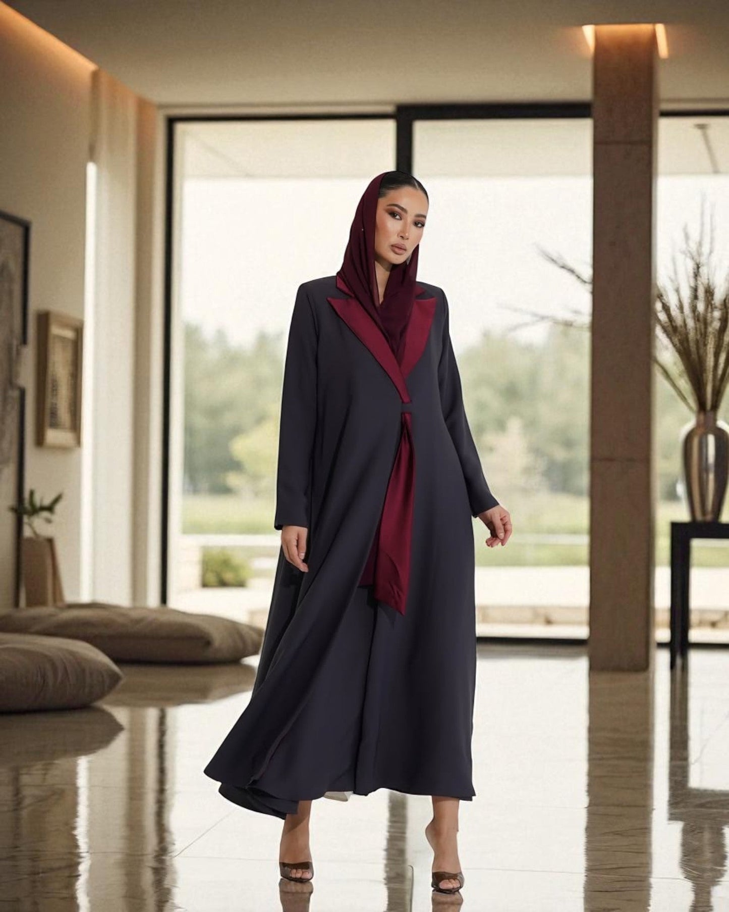 Graceful Contrast Satin Lapel in Latest Abaya Design