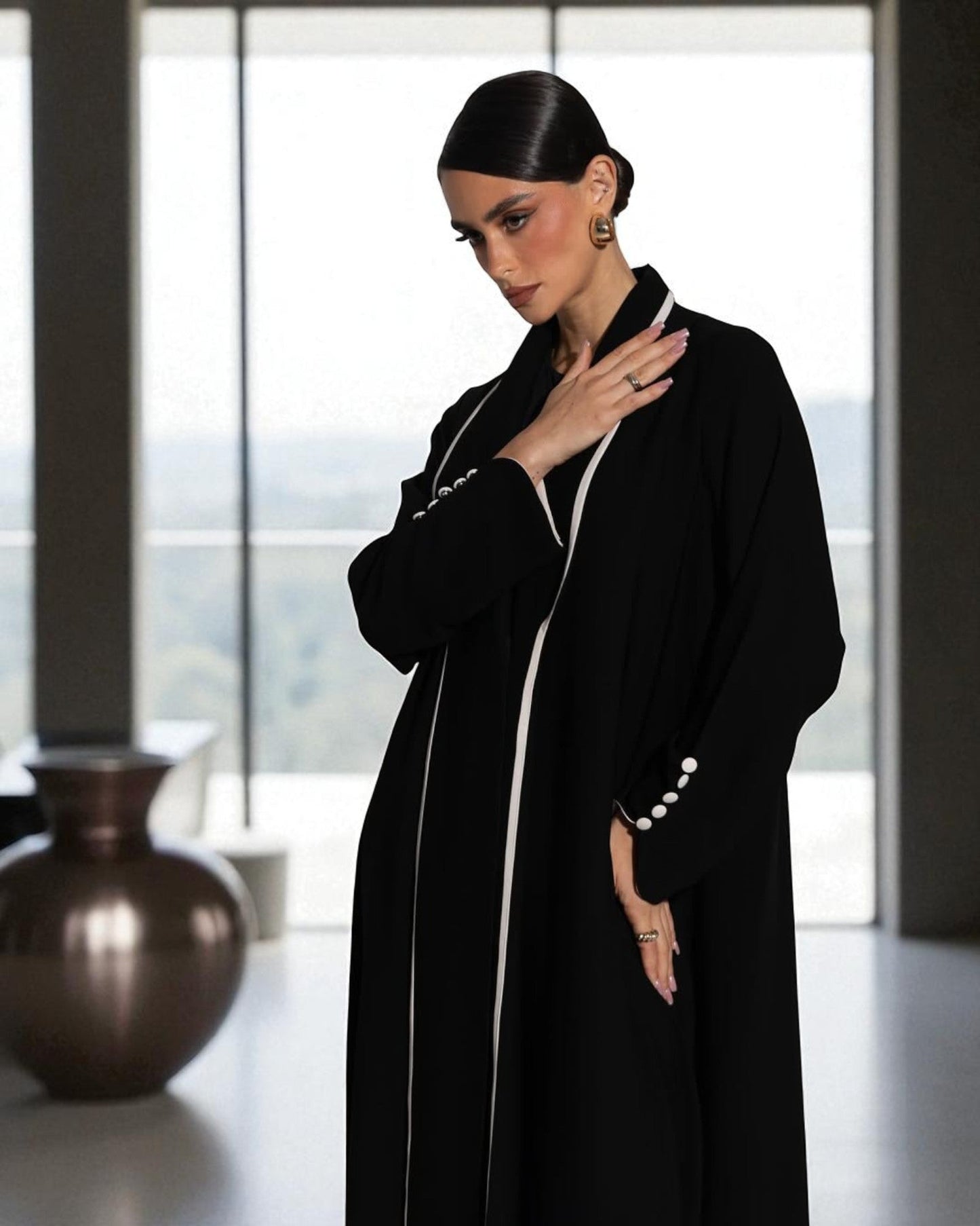 Designer Abaya in Prada Fabric with White Piping and Button Detail