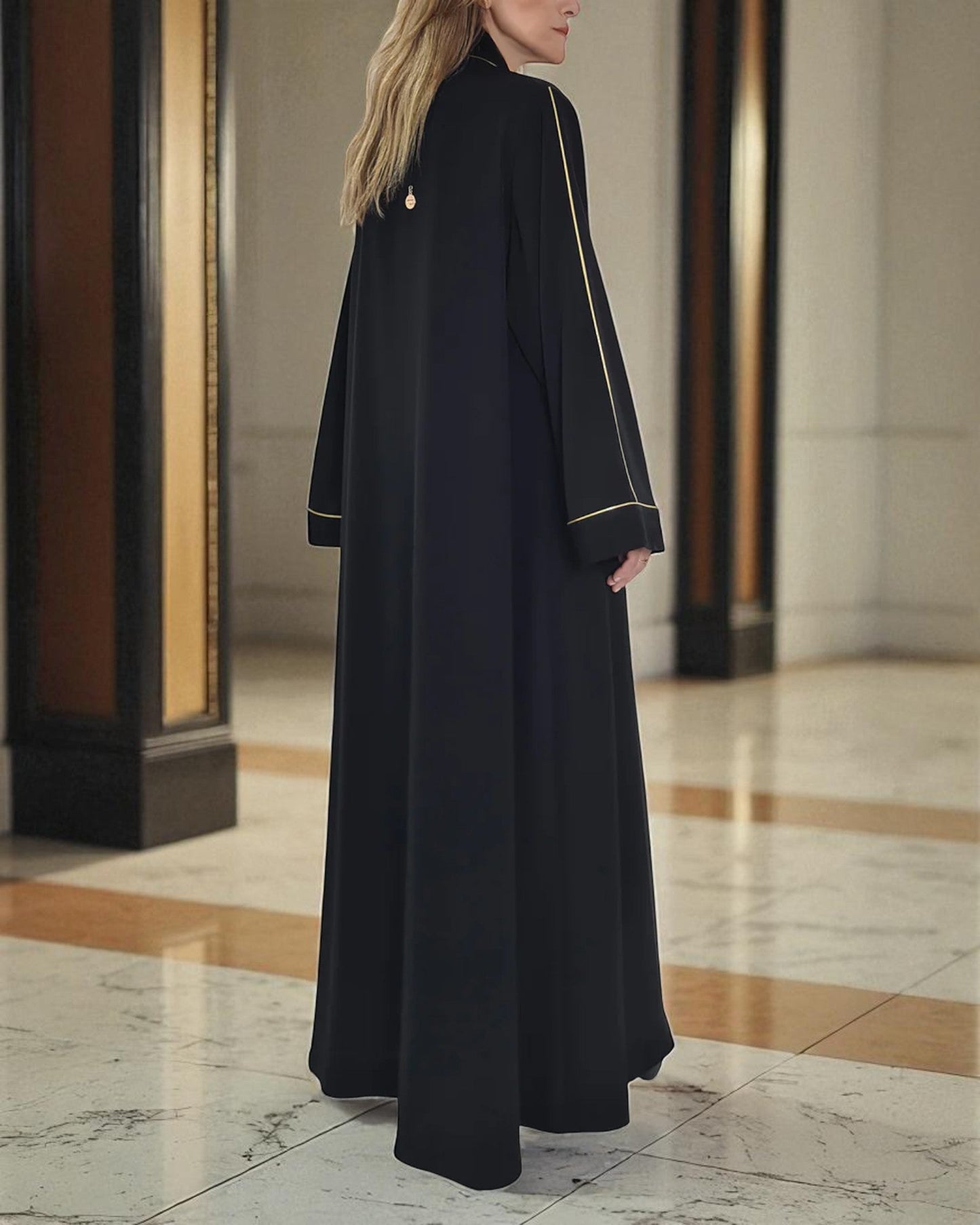 Stylish Burqa Ð Black Front Open Abaya with Contrast Piping in Praada Fabric