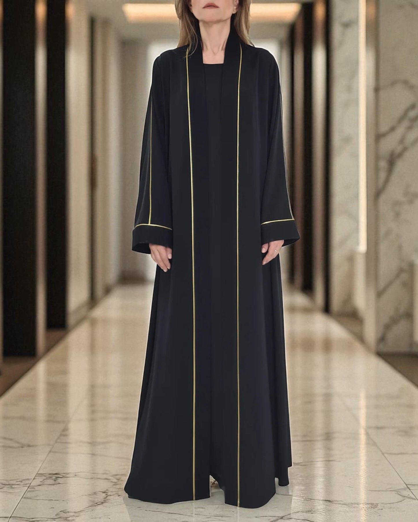 Stylish Burqa Ð Black Front Open Abaya with Contrast Piping in Praada Fabric